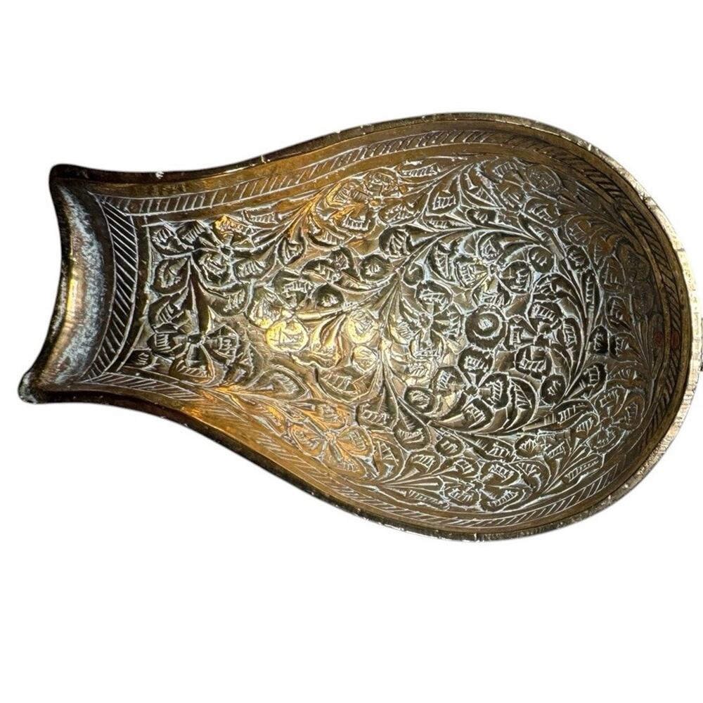 Vintage Hand Engraved Brass Footed Dish Floral Trinket Incense Burner
